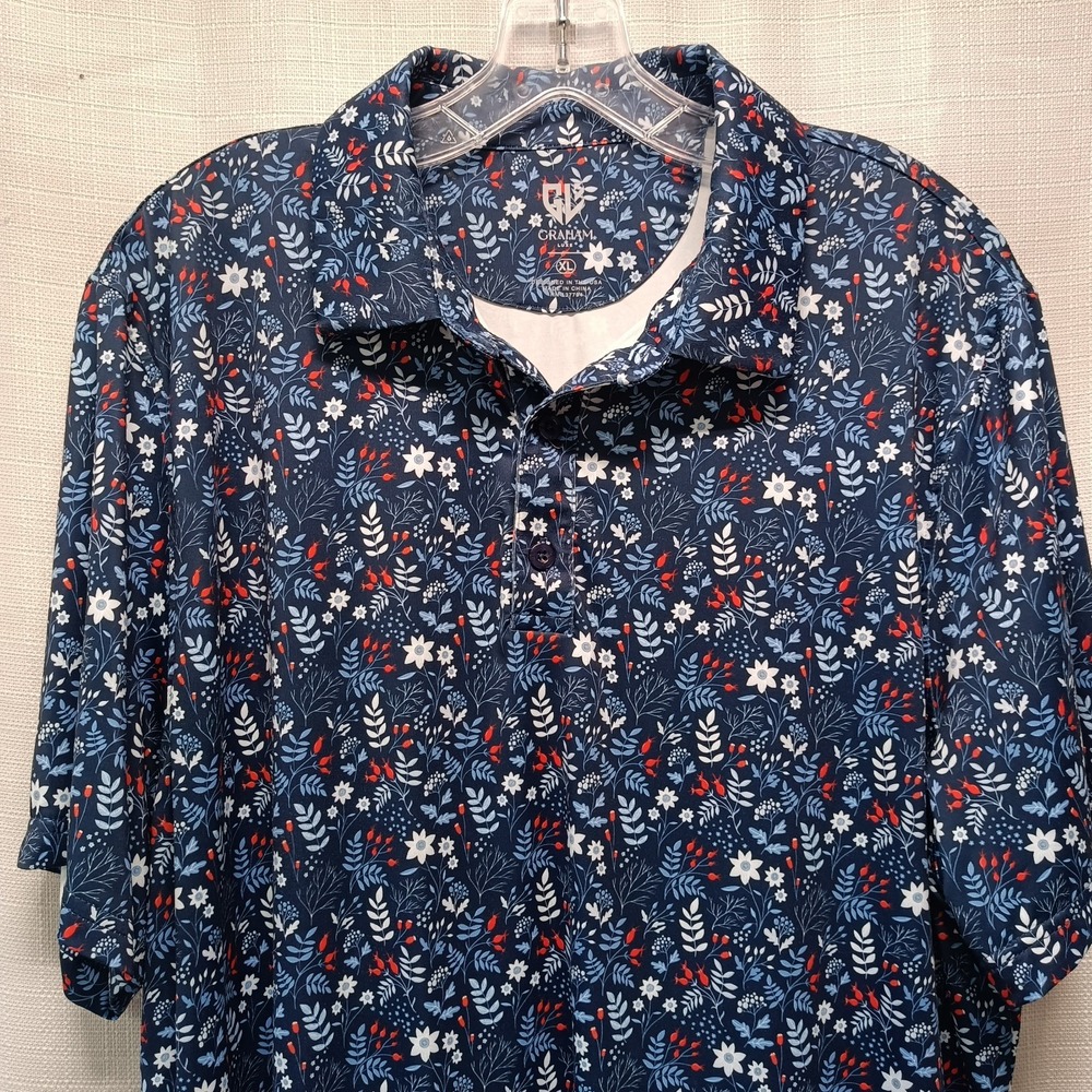 Graham Luxe Blue Summer Flower‎ All Over Print Performance Golf Polo Mens XL